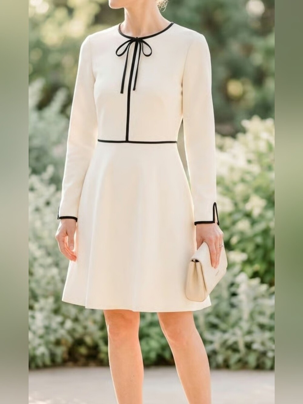Ted Baker London Cream Long Sleeve A-Line Dress with Black Trim and Neck Bow